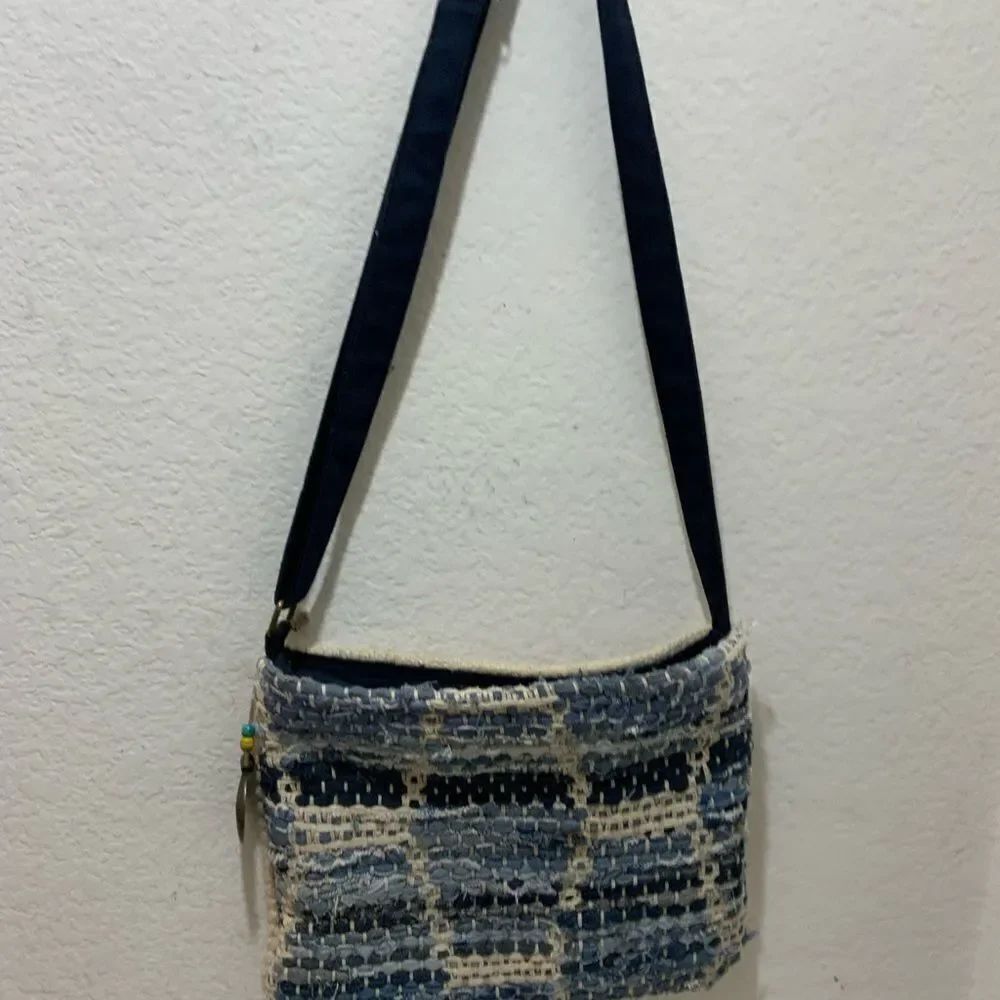 Catori "Boho" 100% Cotton Blue Denim/Beige Woven Rag Rug Crossbody/Shoulder Bag